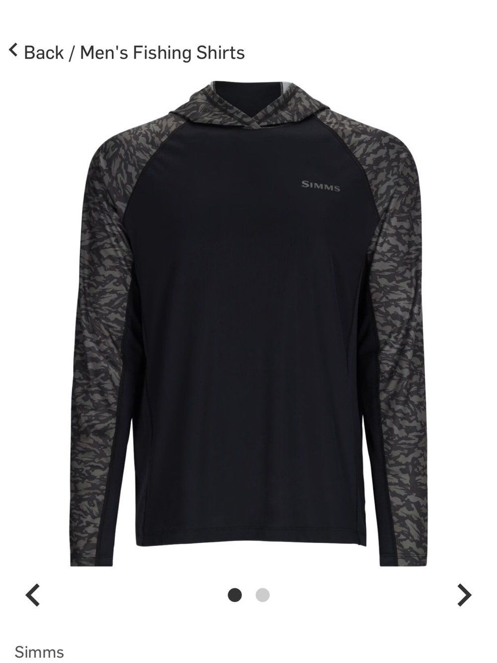 Simms Black Hoodie Fishing Shirt with Gray Camo Sleeves